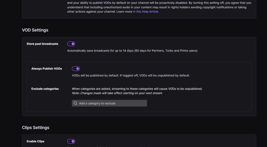 store past broadcasts option on twitch