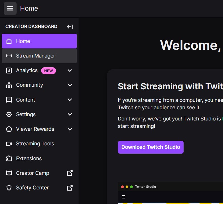 twitch stream manager menu on desktop
