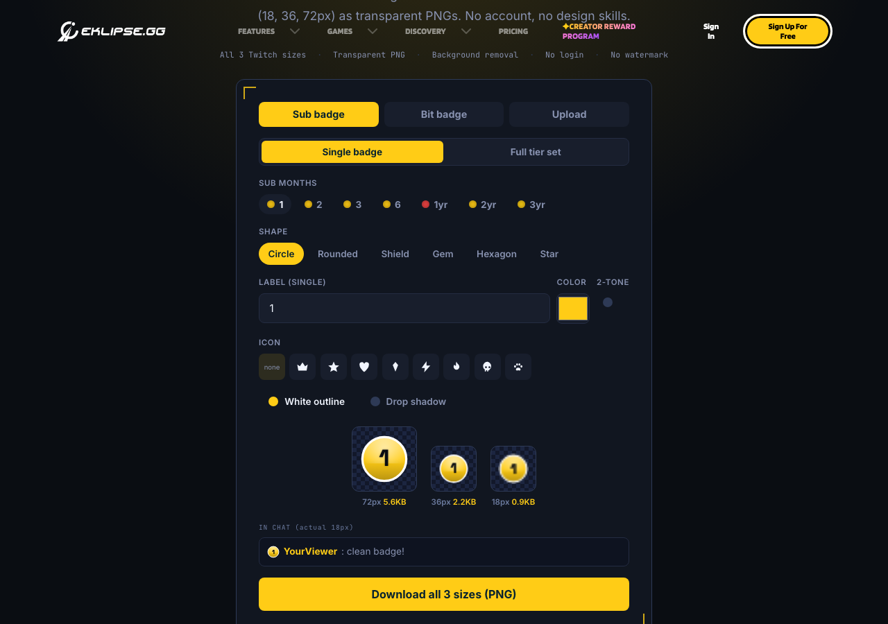 Eklipse free Twitch badge maker designing a sub badge with shape, color and all three PNG sizes