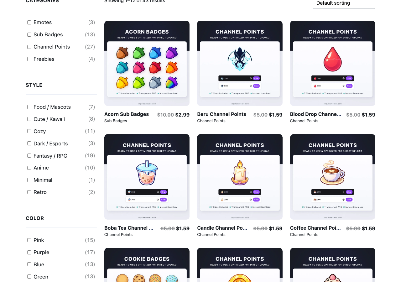 Impulse Visuals stream shop showing premade Twitch sub badge and channel point sets
