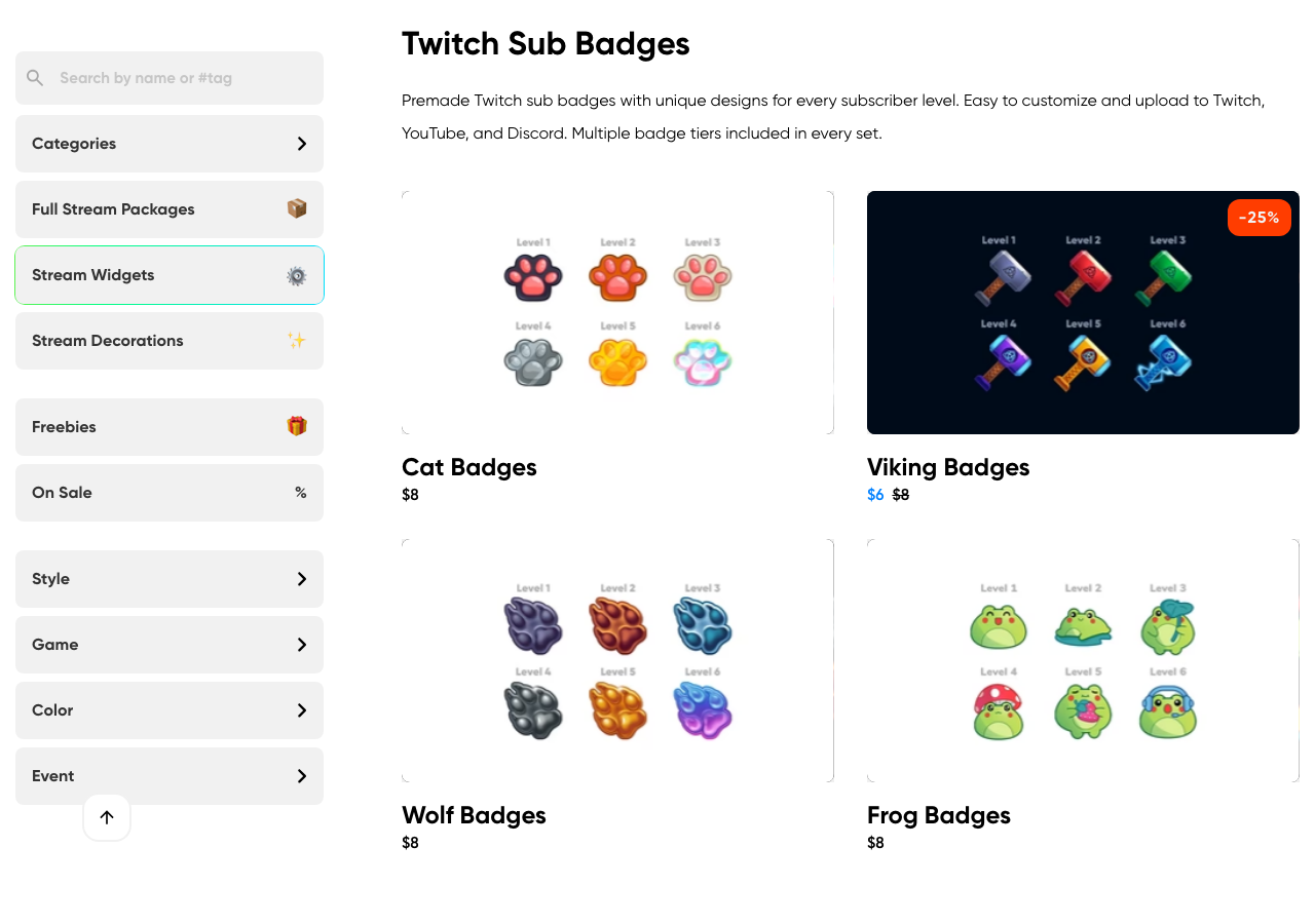 Kudos.tv Twitch sub badges page with cat, viking, wolf and frog badge tier sets