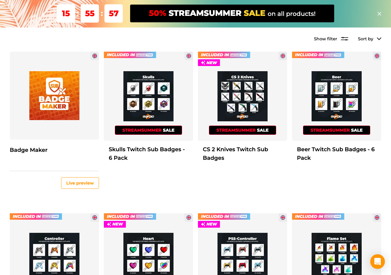 Own3D Twitch sub badges shop with premade 6-pack badge sets and a badge maker