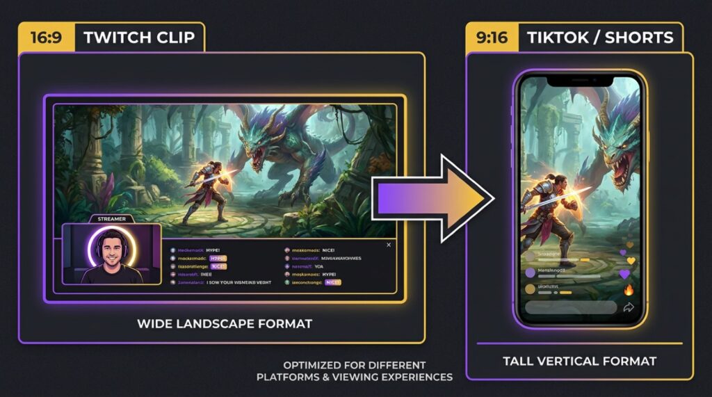 Diagram comparing a 16:9 landscape Twitch clip with a 9:16 vertical clip reframed for TikTok and Shorts