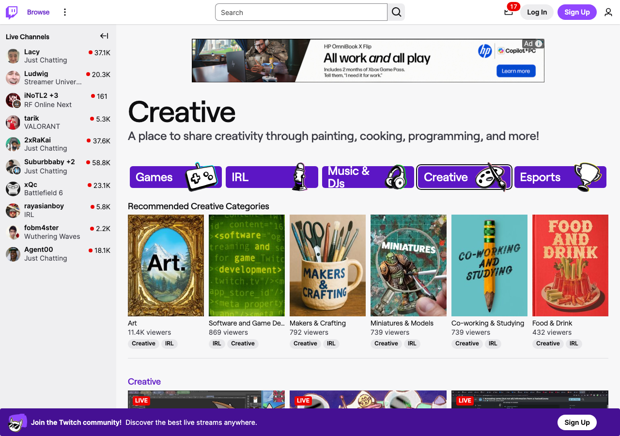Twitch Creative directory where artists stream their work and take badge commissions