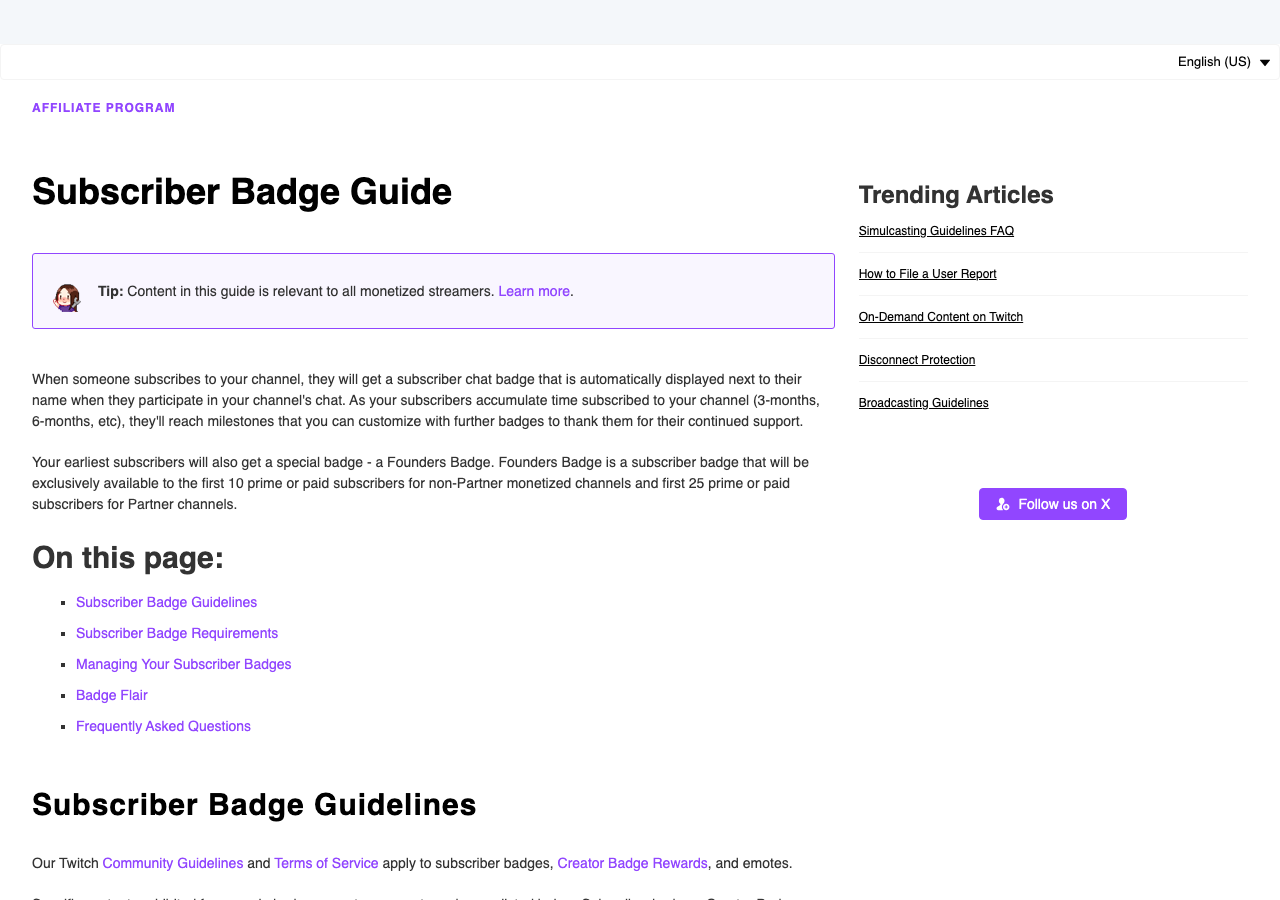 Twitch Subscriber Badge Guide help page explaining default sub badges for Affiliates