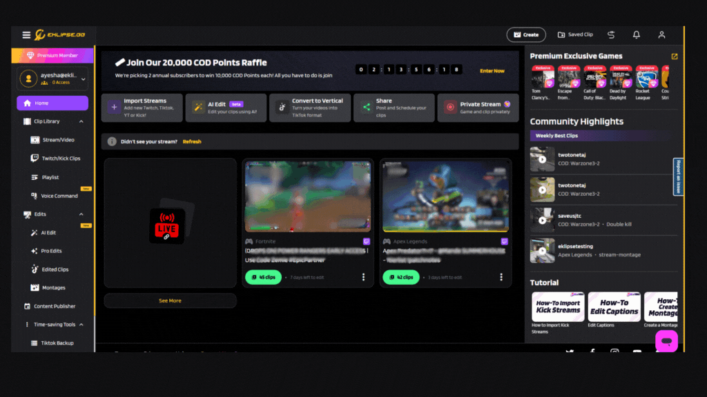 Eklipse dashboard showing auto-detected clips from Minecraft footage